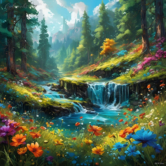 Awesome Colors Of Nature-CH beauty color flowers grass green lilac nature orange royal blue stream trees water waterfall Giclée