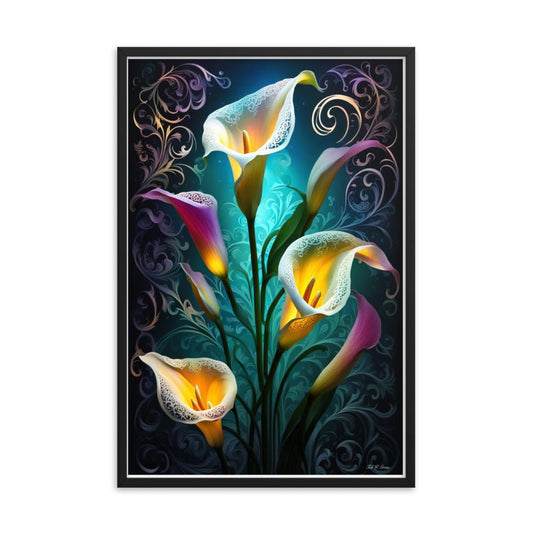 Cala Lily Mosaic - Framed Matte Poster &nbsp;refined artistic bold botanical artwork calla lily delicate digital art dreamy elegant exquisite floral pattern graceful intricate detailing luminous mesmerizing mosaic design nature-inspired digital opulent Petal Rhapsody printed frame posters radiant refined serene stunning surreal textured vibrant vibrant colors Home & Garden > Decor > Artwork > Posters, Prints, & Visual Artwork Black 24*36