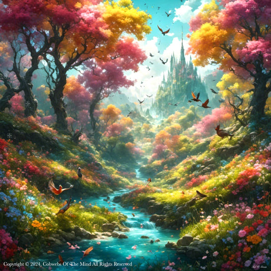 Enchanted Forest Paradise - Digital Art color fantasy flowers landscape nature stream vibrant vibrant blue Art > Digital Art > Cobwebs Of The Mind > Abstract > Digital Compositions