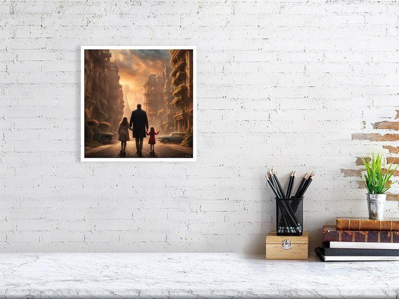 Enchanted Urban Journey-CH #family #relationships beauty children city city landscape enchanting expressive girl Harmonious innocence man memories photo-realistic serenity Stylized walking Giclée 30cm x 30cm, 11.8inches x 11.8inches Print only