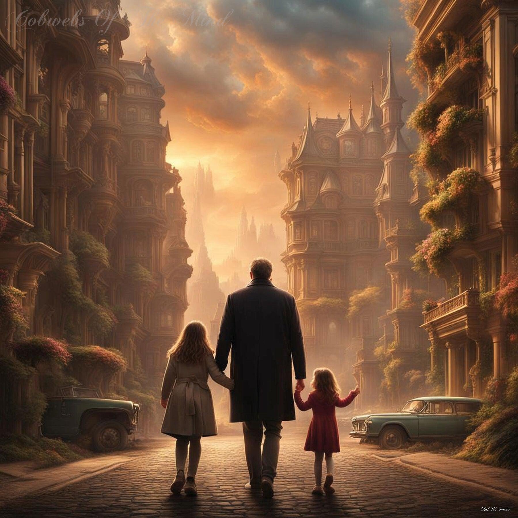 Enchanted Urban Journey-CH #family #relationships beauty children city city landscape enchanting expressive girl Harmonious innocence man memories photo-realistic serenity Stylized walking Giclée