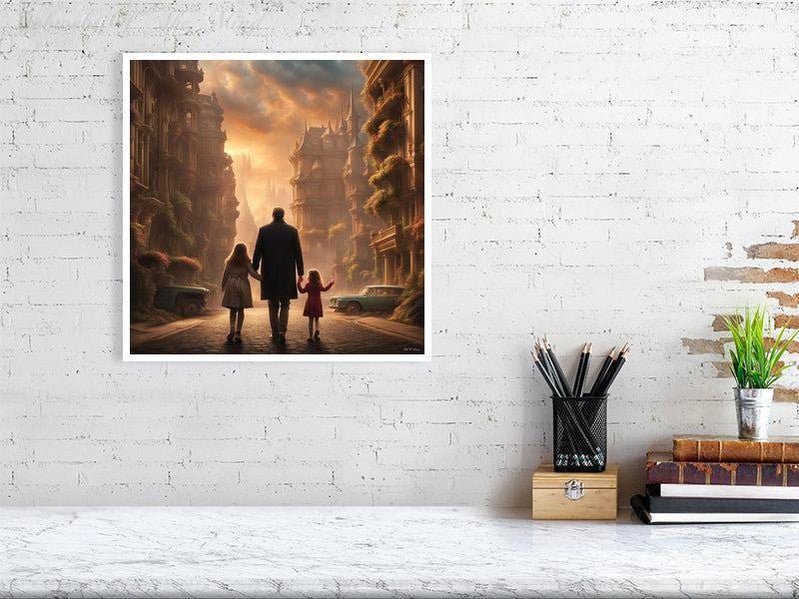 Enchanted Urban Journey-CH #family #relationships beauty children city city landscape enchanting expressive girl Harmonious innocence man memories photo-realistic serenity Stylized walking Giclée 40cm x 40cm, 15.8inches x 15.8inches Print only