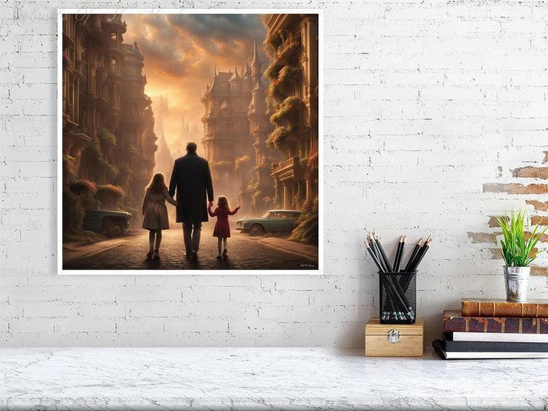 Enchanted Urban Journey-CH #family #relationships beauty children city city landscape enchanting expressive girl Harmonious innocence man memories photo-realistic serenity Stylized walking Giclée 50cm x 50cm, 19.7inches x 19.7inches Print only