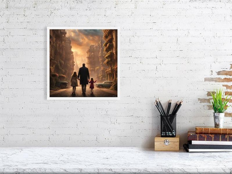 Enchanted Urban Journey-CH #family #relationships beauty children city city landscape enchanting expressive girl Harmonious innocence man memories photo-realistic serenity Stylized walking Giclée 30cm x 30cm, 11.8inches x 11.8inches White