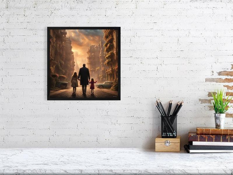 Enchanted Urban Journey-CH #family #relationships beauty children city city landscape enchanting expressive girl Harmonious innocence man memories photo-realistic serenity Stylized walking Giclée 30cm x 30cm, 11.8inches x 11.8inches Black