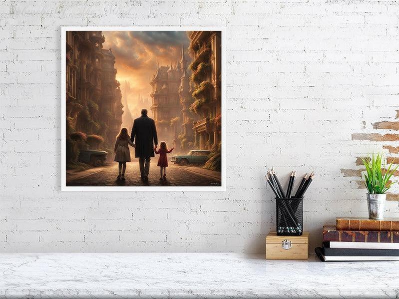 Enchanted Urban Journey-CH #family #relationships beauty children city city landscape enchanting expressive girl Harmonious innocence man memories photo-realistic serenity Stylized walking Giclée 40cm x 40cm, 15.8inches x 15.8inches White