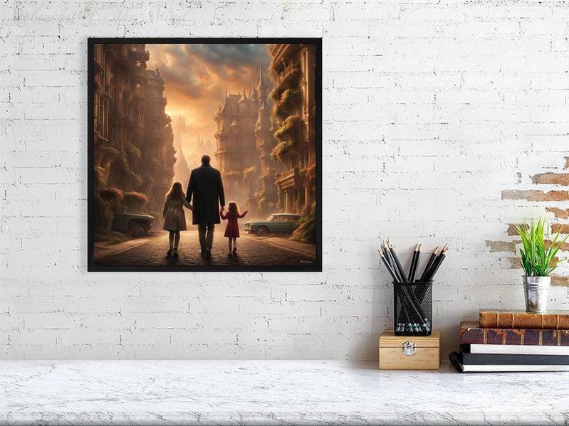 Enchanted Urban Journey-CH #family #relationships beauty children city city landscape enchanting expressive girl Harmonious innocence man memories photo-realistic serenity Stylized walking Giclée 40cm x 40cm, 15.8inches x 15.8inches Black