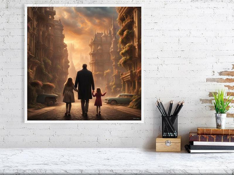 Enchanted Urban Journey-CH #family #relationships beauty children city city landscape enchanting expressive girl Harmonious innocence man memories photo-realistic serenity Stylized walking Giclée 50cm x 50cm, 19.7inches x 19.7inches White