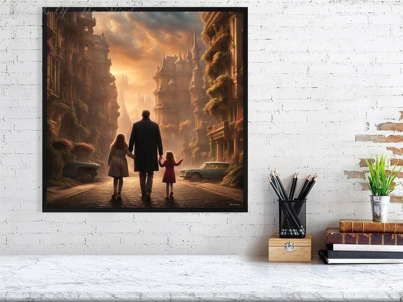 Enchanted Urban Journey-CH #family #relationships beauty children city city landscape enchanting expressive girl Harmonious innocence man memories photo-realistic serenity Stylized walking Giclée 50cm x 50cm, 19.7inches x 19.7inches Black