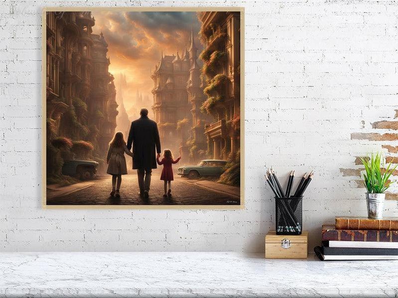 Enchanted Urban Journey-CH #family #relationships beauty children city city landscape enchanting expressive girl Harmonious innocence man memories photo-realistic serenity Stylized walking Giclée 50cm x 50cm, 19.7inches x 19.7inches Oak