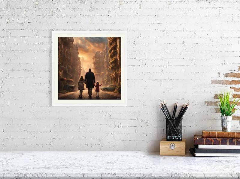 Enchanted Urban Journey-CH #family #relationships beauty children city city landscape enchanting expressive girl Harmonious innocence man memories photo-realistic serenity Stylized walking Giclée 30cm x 30cm, 11.8inches x 11.8inches White-Ivory Border