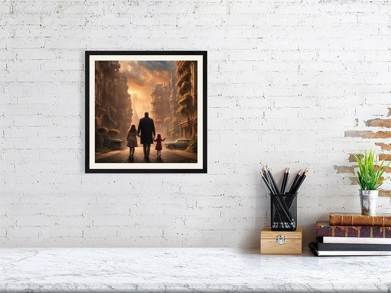 Enchanted Urban Journey-CH #family #relationships beauty children city city landscape enchanting expressive girl Harmonious innocence man memories photo-realistic serenity Stylized walking Giclée 30cm x 30cm, 11.8inches x 11.8inches Black-Cream Border