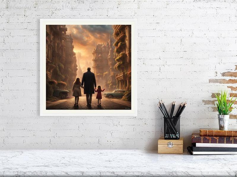 Enchanted Urban Journey-CH #family #relationships beauty children city city landscape enchanting expressive girl Harmonious innocence man memories photo-realistic serenity Stylized walking Giclée 40cm x 40cm, 15.8inches x 15.8inches White-Ivory Border