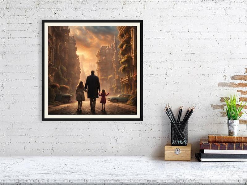 Enchanted Urban Journey-CH #family #relationships beauty children city city landscape enchanting expressive girl Harmonious innocence man memories photo-realistic serenity Stylized walking Giclée 40cm x 40cm, 15.8inches x 15.8inches Black-Cream Border