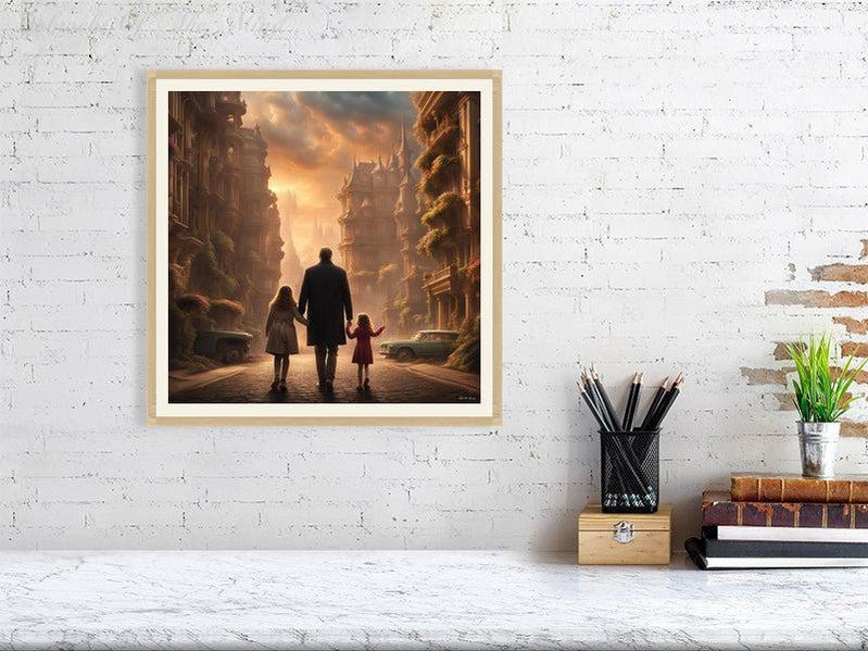 Enchanted Urban Journey-CH #family #relationships beauty children city city landscape enchanting expressive girl Harmonious innocence man memories photo-realistic serenity Stylized walking Giclée 40cm x 40cm, 15.8inches x 15.8inches Oak-Cream Border