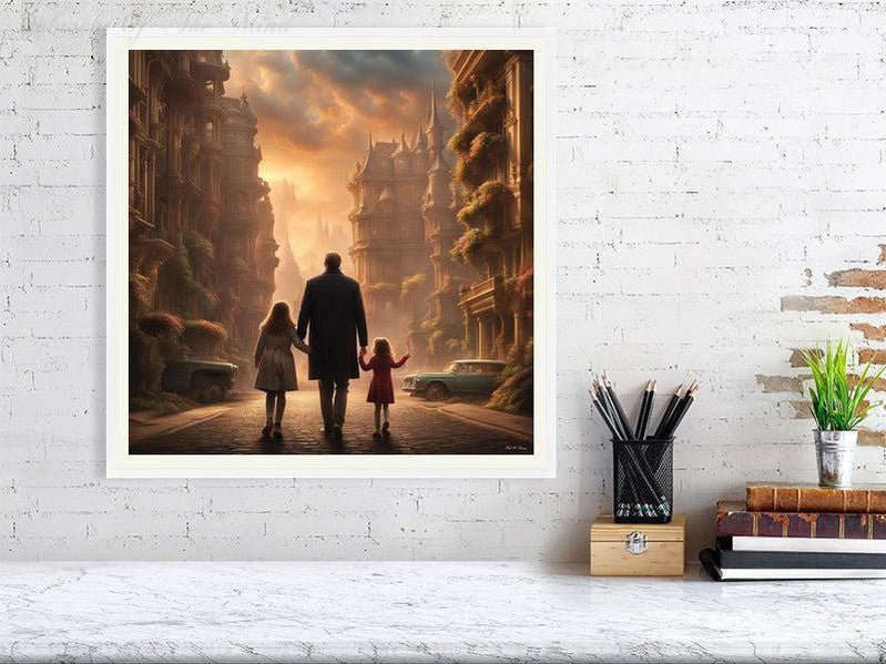 Enchanted Urban Journey-CH #family #relationships beauty children city city landscape enchanting expressive girl Harmonious innocence man memories photo-realistic serenity Stylized walking Giclée 50cm x 50cm, 19.7inches x 19.7inches White-Ivory Border