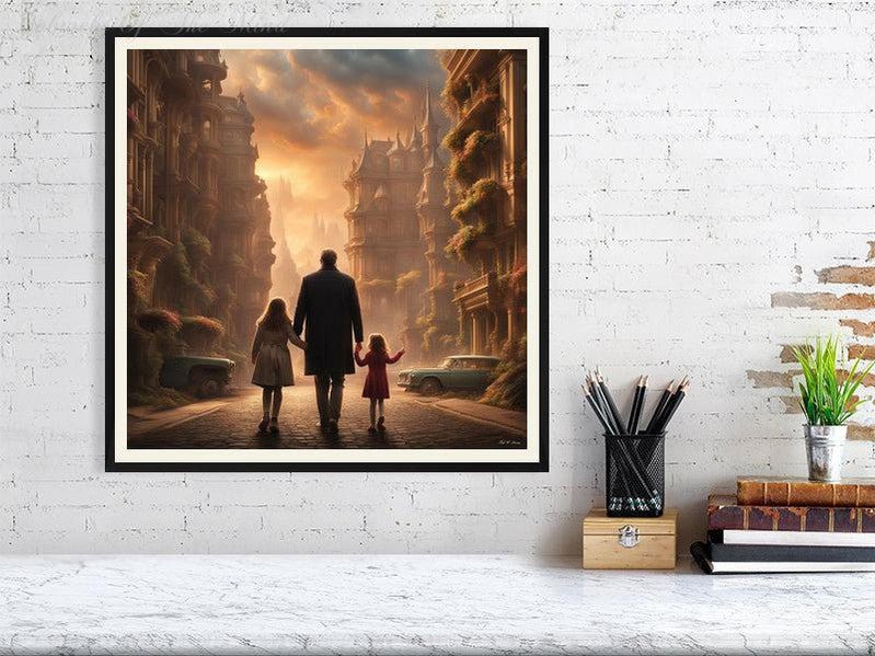 Enchanted Urban Journey-CH #family #relationships beauty children city city landscape enchanting expressive girl Harmonious innocence man memories photo-realistic serenity Stylized walking Giclée 50cm x 50cm, 19.7inches x 19.7inches Black-Cream Border