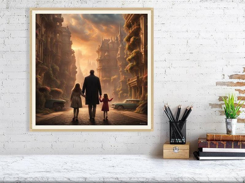 Enchanted Urban Journey-CH #family #relationships beauty children city city landscape enchanting expressive girl Harmonious innocence man memories photo-realistic serenity Stylized walking Giclée 50cm x 50cm, 19.7inches x 19.7inches Oak-Cream Border