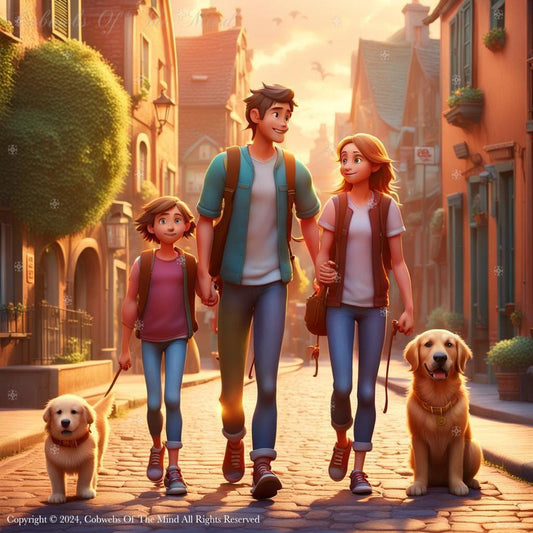 Family Day Out - Pixar #family 3D beauty child cobblestones color couple dogs Golden golden retriever innocence joy leisure magical Pixar sunshine town village village life walking woman Digital Art