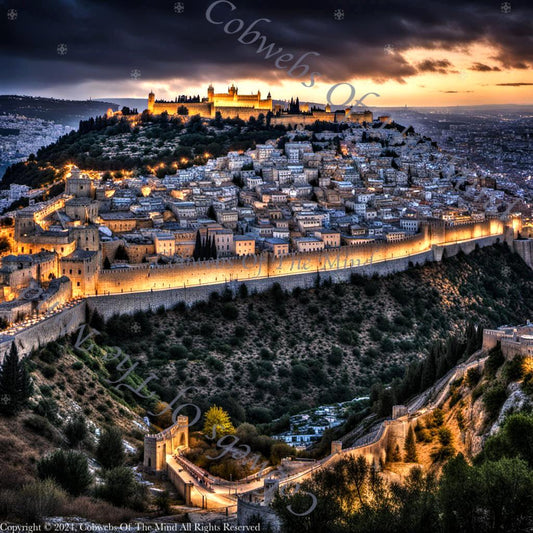 Jerusalem's Old City Illuminated at Night- Stock Photo Stock Photo->1:1