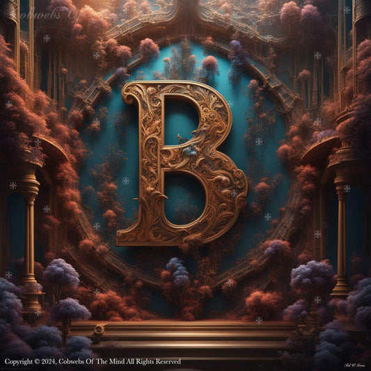 Letter B: English Alphabet – Set 1 architecture Baroque beauty Cherryblossom color digital art enchanting Ethereal fantasy glow Golden Intricate letter magical nature ornate royal blue Symmetrical teal typography Art > Digital Art > Cobwebs Of The Mind > Abstract > Digital Compositions