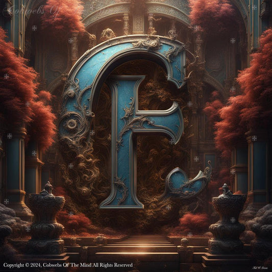Letter F: English Alphabet – Set 1 aged Baroque color elaborate Ethereal fantastical fiery imposing Intricate letter luminous magnificent majestic metallic misty orange ornate otherworldly soaring surreal Symmetrical vibrant warm orange warm-tones Art > Digital Art > Cobwebs Of The Mind > Abstract > Digital Compositions