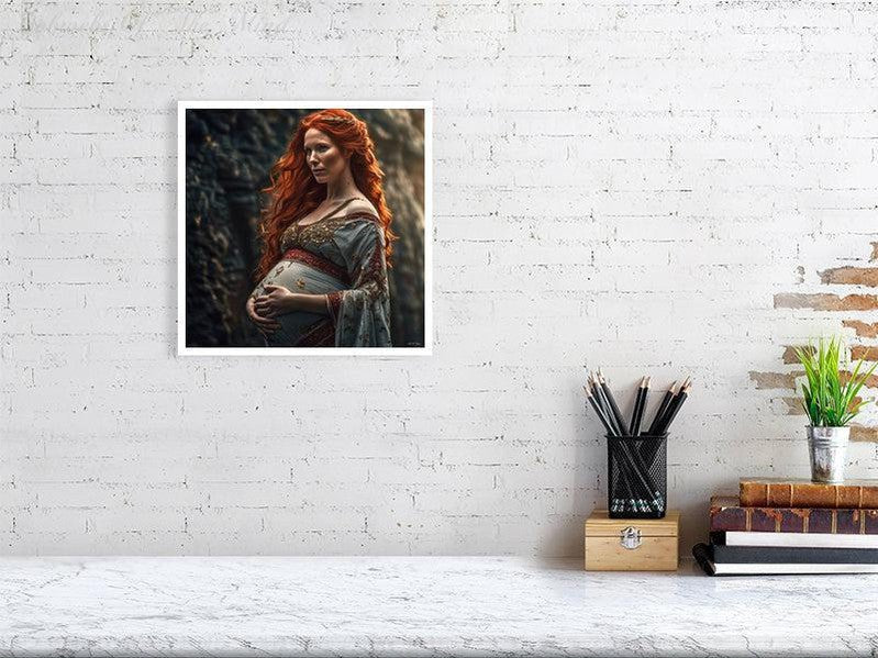 Maternal Grace-CH #portrait ancient baby beauty brown elegant Ethereal fiery flowing graceful green grey innocence Intricate long hair Medieval nature pregnancy red red-hair regal serenity soft sophisticated vivid wavy hair woman Giclée 30cm x 30cm, 11.8inches x 11.8inches Print only