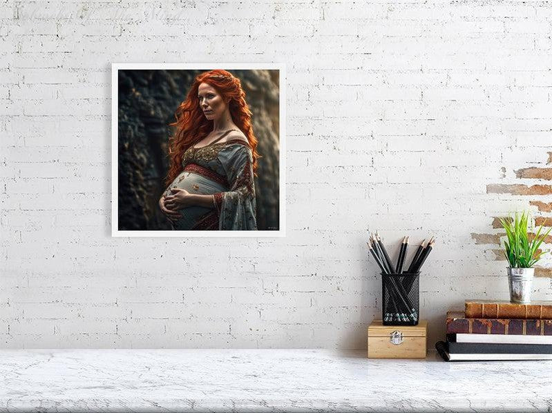 Maternal Grace-CH #portrait ancient baby beauty brown elegant Ethereal fiery flowing graceful green grey innocence Intricate long hair Medieval nature pregnancy red red-hair regal serenity soft sophisticated vivid wavy hair woman Giclée 30cm x 30cm, 11.8inches x 11.8inches White