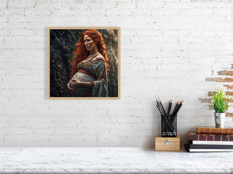 Maternal Grace-CH #portrait ancient baby beauty brown elegant Ethereal fiery flowing graceful green grey innocence Intricate long hair Medieval nature pregnancy red red-hair regal serenity soft sophisticated vivid wavy hair woman Giclée 30cm x 30cm, 11.8inches x 11.8inches Oak