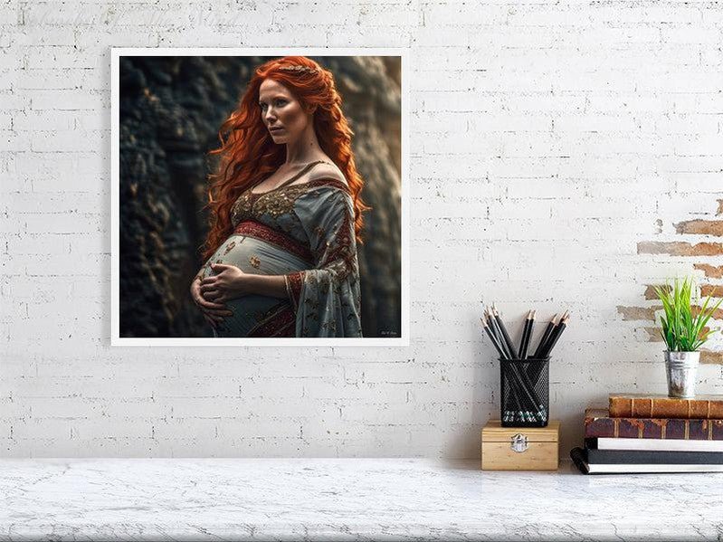 Maternal Grace-CH #portrait ancient baby beauty brown elegant Ethereal fiery flowing graceful green grey innocence Intricate long hair Medieval nature pregnancy red red-hair regal serenity soft sophisticated vivid wavy hair woman Giclée 40cm x 40cm, 15.8inches x 15.8inches White