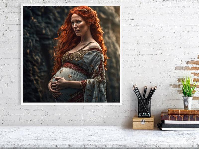 Maternal Grace-CH #portrait ancient baby beauty brown elegant Ethereal fiery flowing graceful green grey innocence Intricate long hair Medieval nature pregnancy red red-hair regal serenity soft sophisticated vivid wavy hair woman Giclée 50cm x 50cm, 19.7inches x 19.7inches White