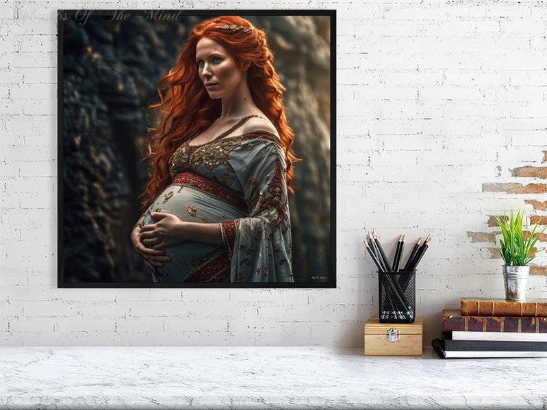 Maternal Grace-CH #portrait ancient baby beauty brown elegant Ethereal fiery flowing graceful green grey innocence Intricate long hair Medieval nature pregnancy red red-hair regal serenity soft sophisticated vivid wavy hair woman Giclée 50cm x 50cm, 19.7inches x 19.7inches Black