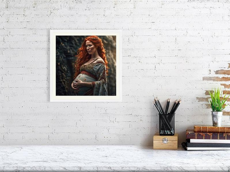 Maternal Grace-CH #portrait ancient baby beauty brown elegant Ethereal fiery flowing graceful green grey innocence Intricate long hair Medieval nature pregnancy red red-hair regal serenity soft sophisticated vivid wavy hair woman Giclée 30cm x 30cm, 11.8inches x 11.8inches White-Ivory Border