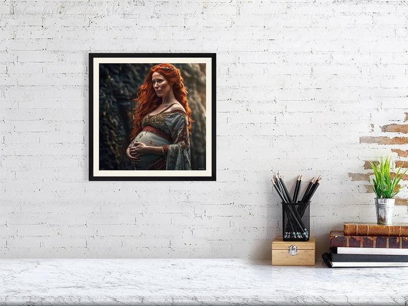 Maternal Grace-CH #portrait ancient baby beauty brown elegant Ethereal fiery flowing graceful green grey innocence Intricate long hair Medieval nature pregnancy red red-hair regal serenity soft sophisticated vivid wavy hair woman Giclée 30cm x 30cm, 11.8inches x 11.8inches Black-Cream Border