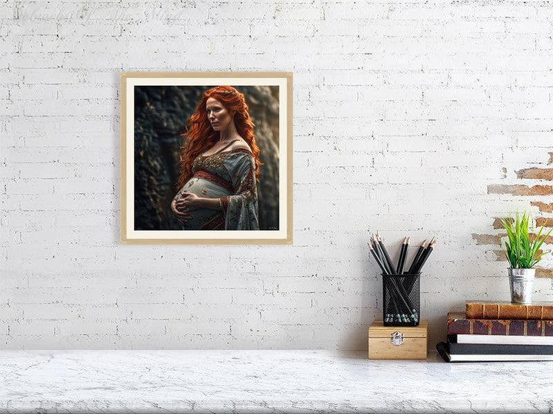 Maternal Grace-CH #portrait ancient baby beauty brown elegant Ethereal fiery flowing graceful green grey innocence Intricate long hair Medieval nature pregnancy red red-hair regal serenity soft sophisticated vivid wavy hair woman Giclée 30cm x 30cm, 11.8inches x 11.8inches Oak-Cream Border