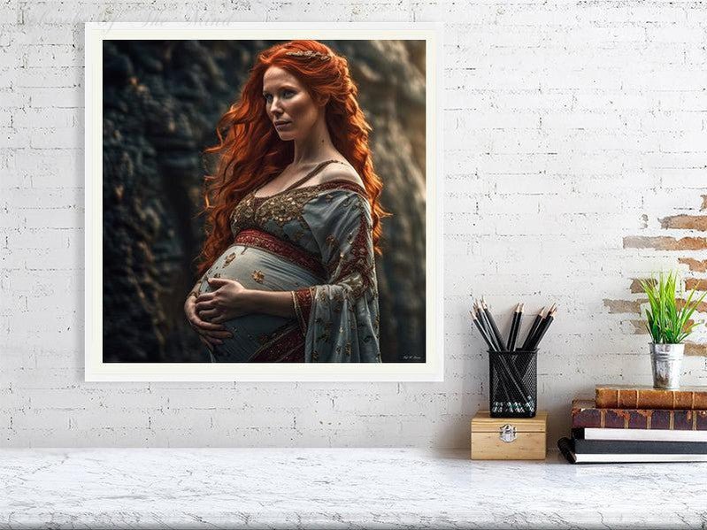 Maternal Grace-CH #portrait ancient baby beauty brown elegant Ethereal fiery flowing graceful green grey innocence Intricate long hair Medieval nature pregnancy red red-hair regal serenity soft sophisticated vivid wavy hair woman Giclée 50cm x 50cm, 19.7inches x 19.7inches White-Ivory Border