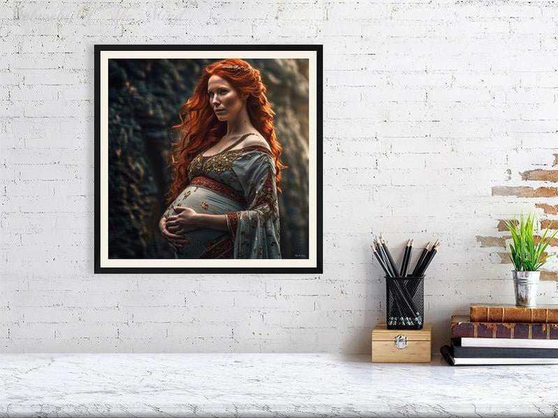 Maternal Grace-CH #portrait ancient baby beauty brown elegant Ethereal fiery flowing graceful green grey innocence Intricate long hair Medieval nature pregnancy red red-hair regal serenity soft sophisticated vivid wavy hair woman Giclée 40cm x 40cm, 15.8inches x 15.8inches Black-Cream Border