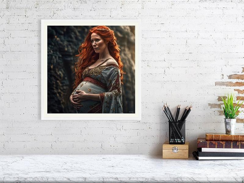 Maternal Grace-CH #portrait ancient baby beauty brown elegant Ethereal fiery flowing graceful green grey innocence Intricate long hair Medieval nature pregnancy red red-hair regal serenity soft sophisticated vivid wavy hair woman Giclée 40cm x 40cm, 15.8inches x 15.8inches White-Ivory Border