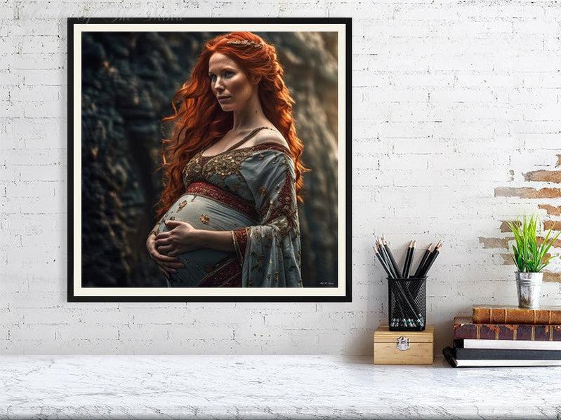 Maternal Grace-CH #portrait ancient baby beauty brown elegant Ethereal fiery flowing graceful green grey innocence Intricate long hair Medieval nature pregnancy red red-hair regal serenity soft sophisticated vivid wavy hair woman Giclée 50cm x 50cm, 19.7inches x 19.7inches Black-Cream Border