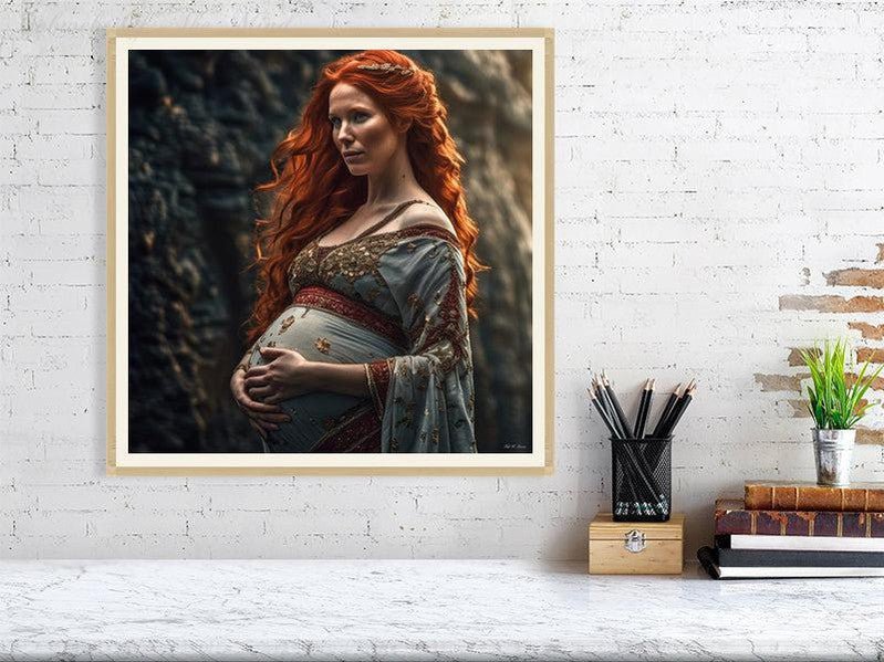 Maternal Grace-CH #portrait ancient baby beauty brown elegant Ethereal fiery flowing graceful green grey innocence Intricate long hair Medieval nature pregnancy red red-hair regal serenity soft sophisticated vivid wavy hair woman Giclée 50cm x 50cm, 19.7inches x 19.7inches Oak-Cream Border