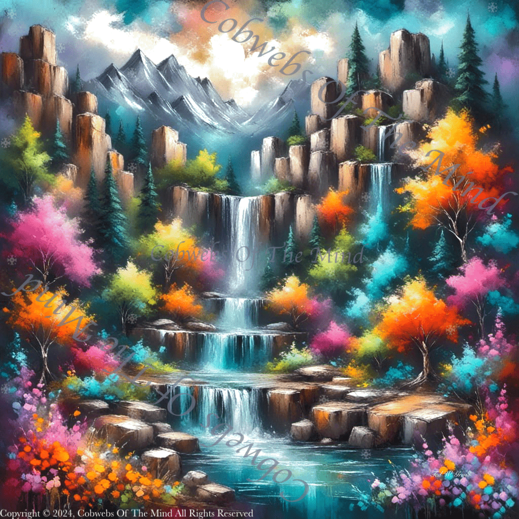 Montage of Mountain Waterfalls Flowers - Digital Art Art > Digital Art > Cobwebs Of The Mind > Abstract > Digital Compositions