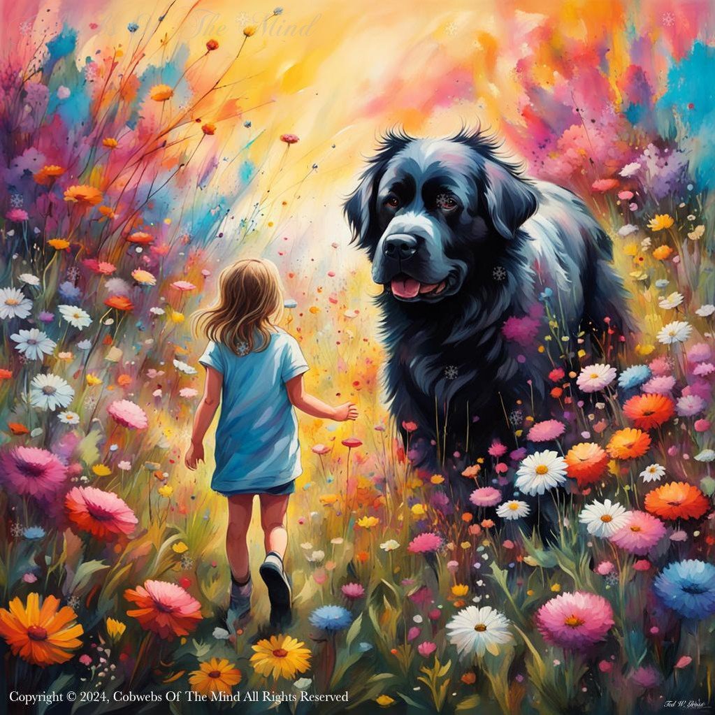 No Better Friend To A Child And No Better Guard #family #nature #portrait #relationships beauty child color dog flowers joy Painting vibrant Digital Art