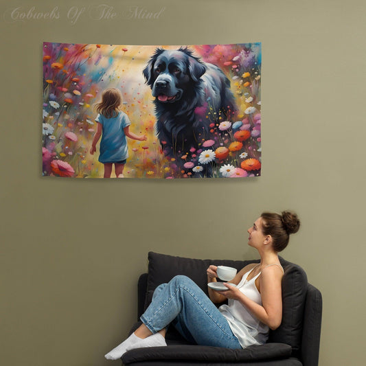 No Better Friend To A Child And No Better Guard - Flag children cobwebsofthemind digital art dogs flag flowers innocence nature painting Printed Digital Art Default Title