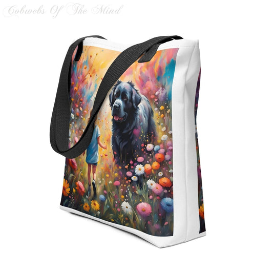 No Better Friend To A Child And No Better Guard - Tote bag children cobwebsofthemind digital art dogs flowers innocence nature painting tote bag Tote Bags Black