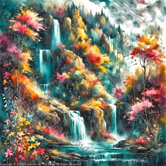 Prismatic Forest Waterfall Cascade - Digital Art Art > Digital Art > Cobwebs Of The Mind > Abstract > Digital Compositions