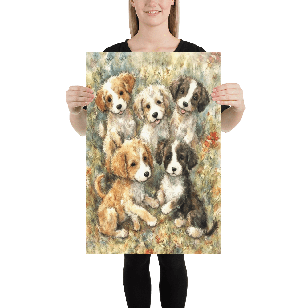 Puppies in a Floral Wonderland - Enhanced Matte Poster Printed Digital Art