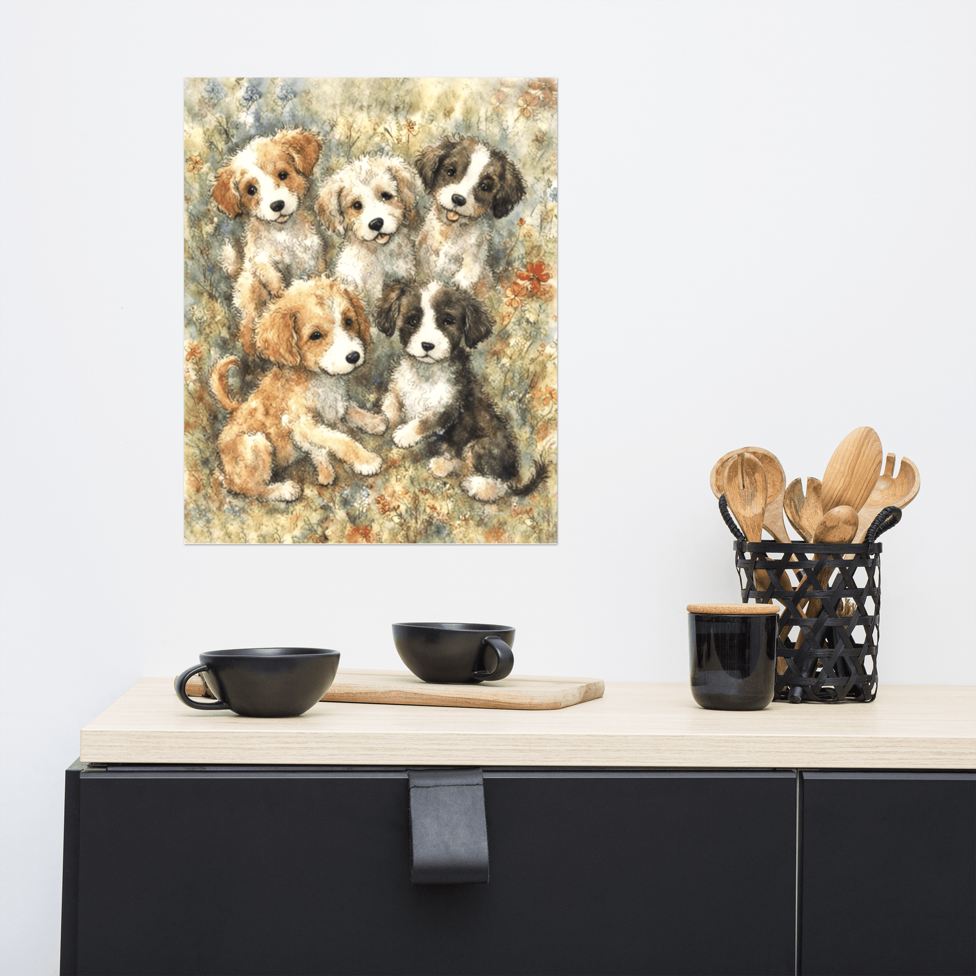 Puppies in a Floral Wonderland - Enhanced Matte Poster Printed Digital Art