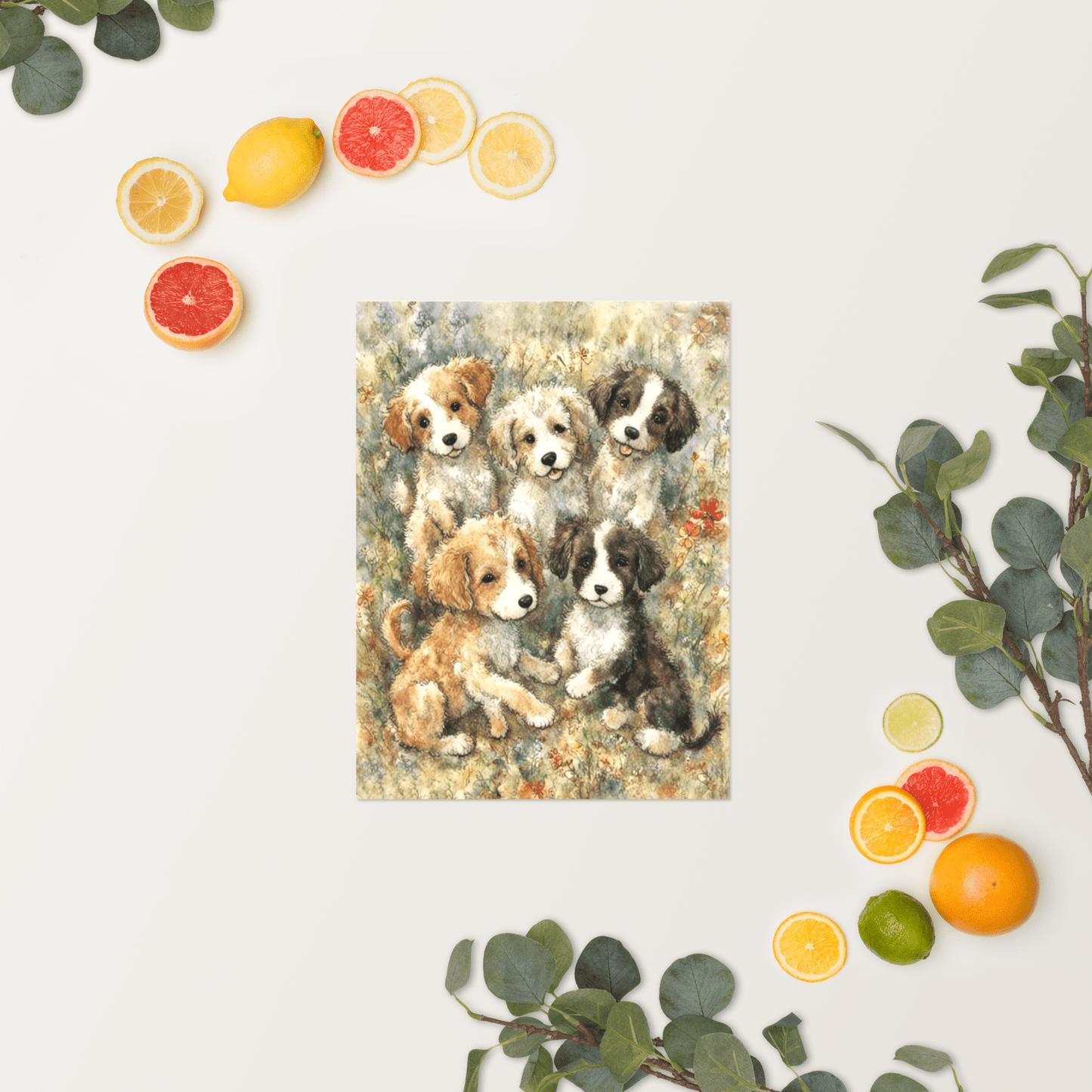 Puppies in a Floral Wonderland - Enhanced Matte Poster Printed Digital Art