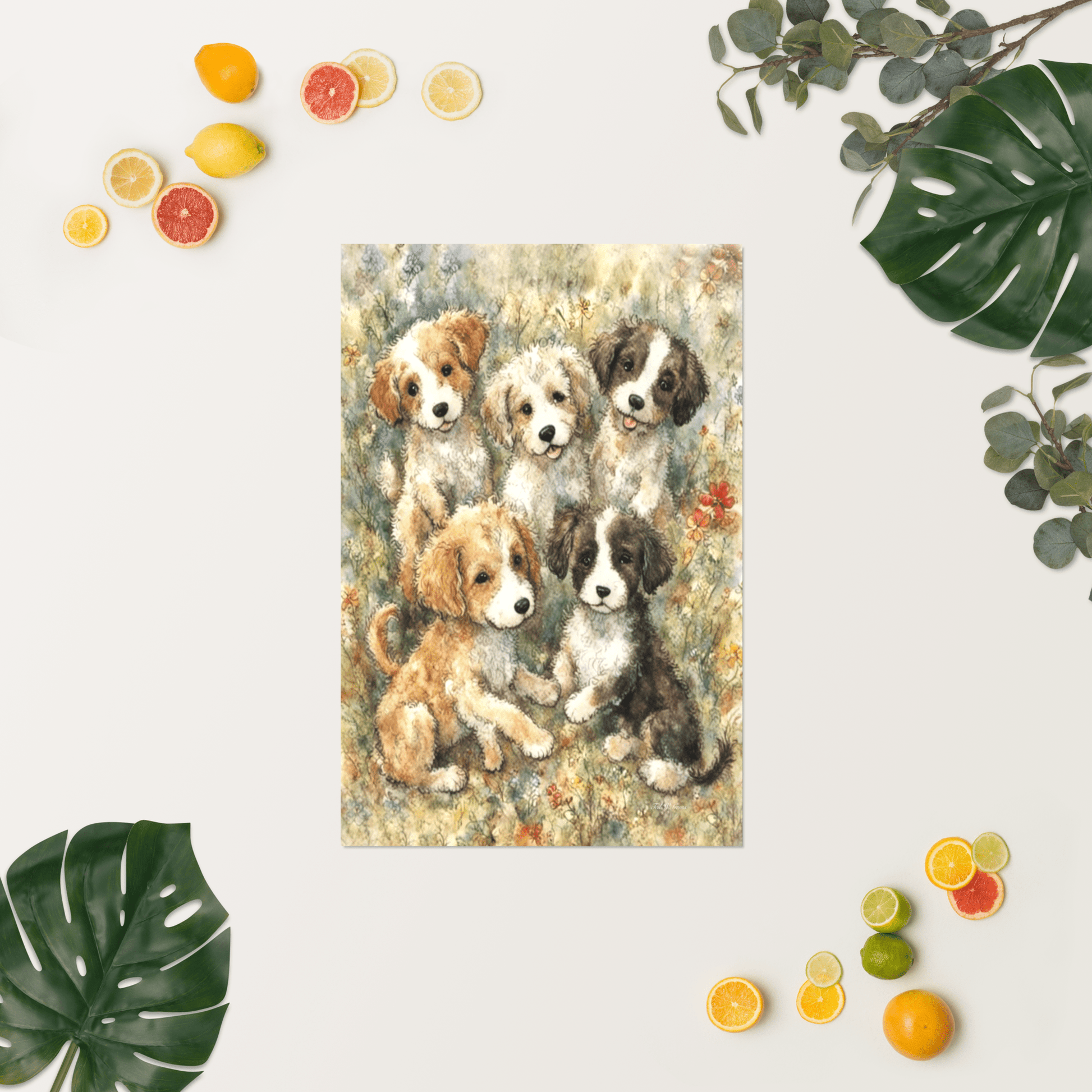 Puppies in a Floral Wonderland - Enhanced Matte Poster Printed Digital Art