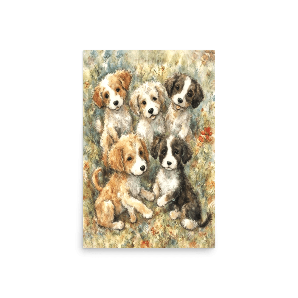 Puppies in a Floral Wonderland - Enhanced Matte Poster Printed Digital Art